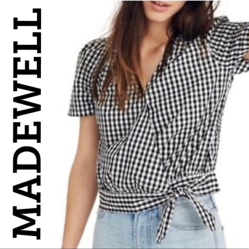 MADEWELL GINGHAM CHECK WRAP SURPLICE TOP BLACK